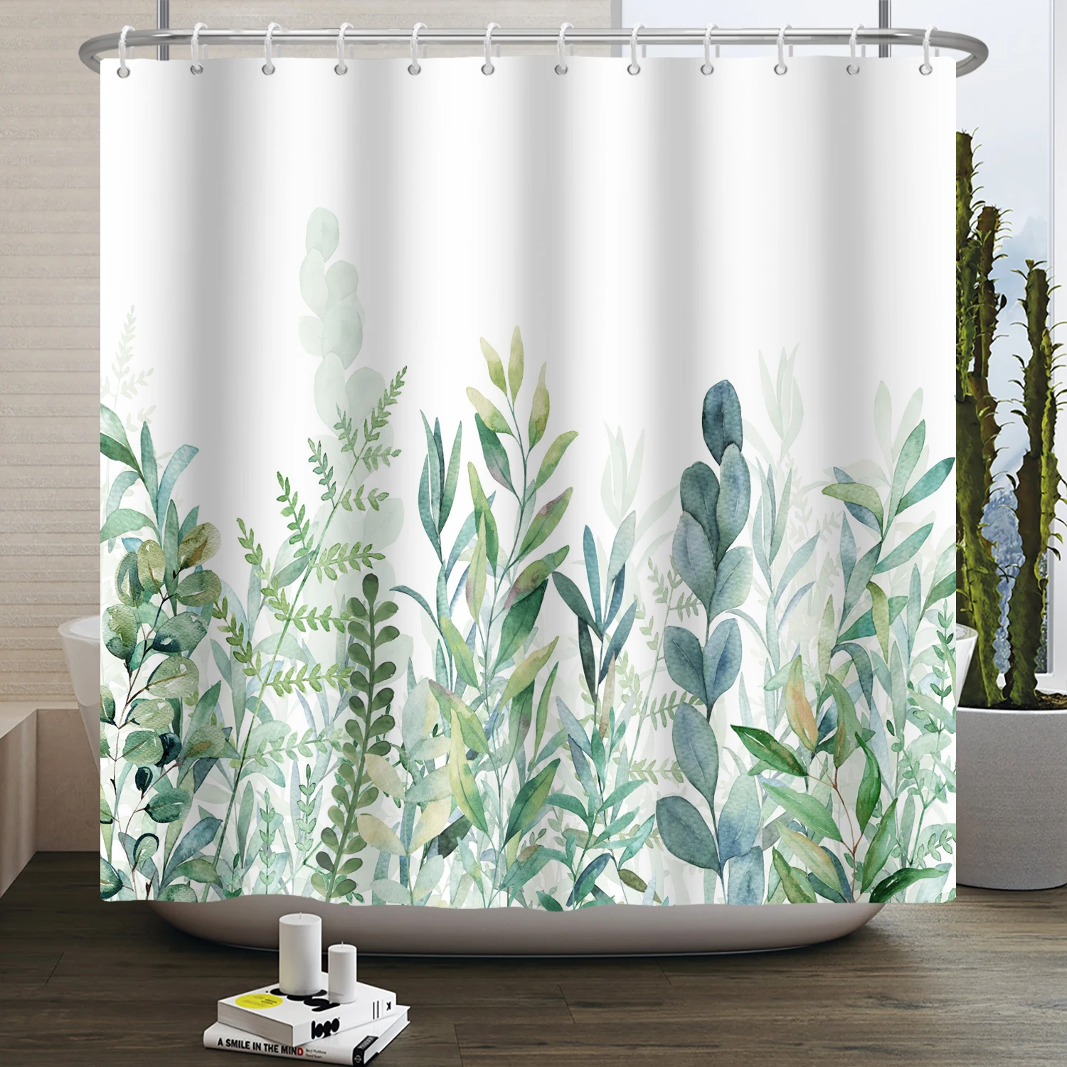 Green Eucalyptus Leaves Plant Shower Curtain Watercolor Leaf Floral Flower Boho Waterproof Bathtub Bathroom Shower Curtain Decor