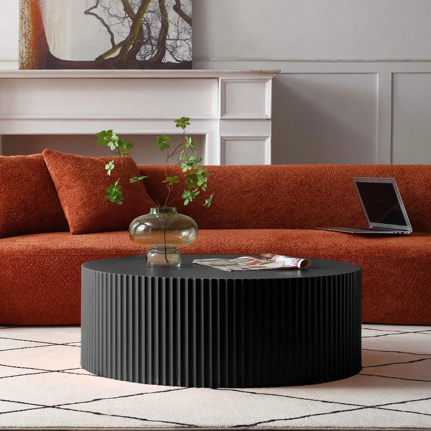 

Round Coffee Table, Modern Black Side Table End Table for Living Room, Wood Circle Drum Coffee Table with Handcrafted Relief