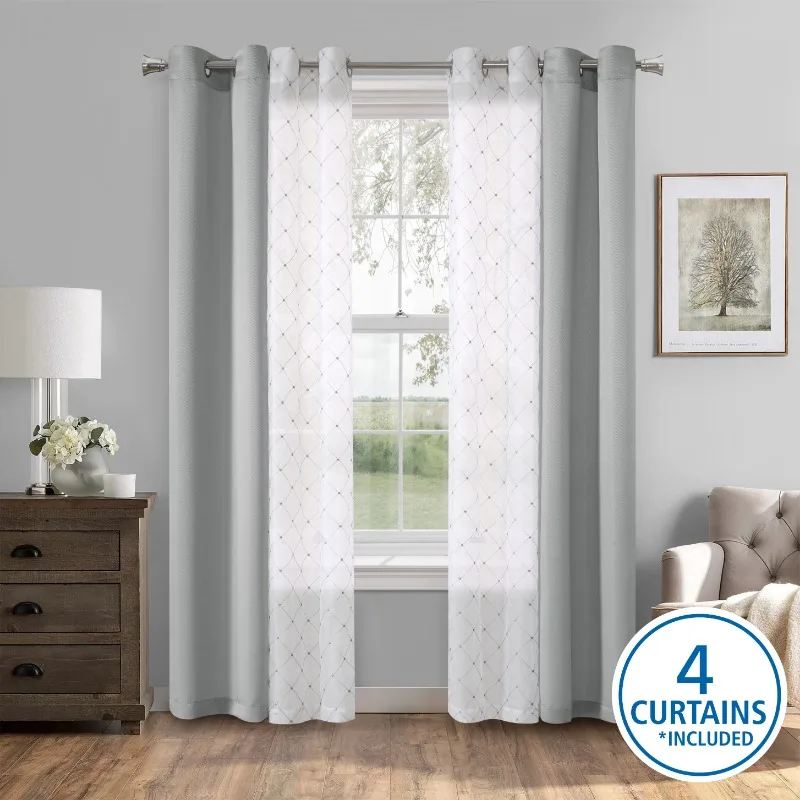 

Embroidered Curtain Panels, Set of 4, Grey, 27.5" W x 84" L