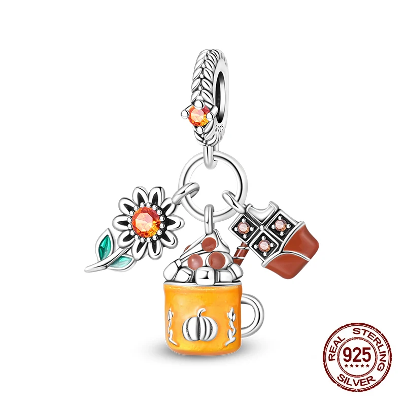 

Fit Original 925 Sterling Silver Charms Beads Warm Sunflower Autumn Hot Chocolate Charms Pendant for Women Man Fine DIY Jewelry