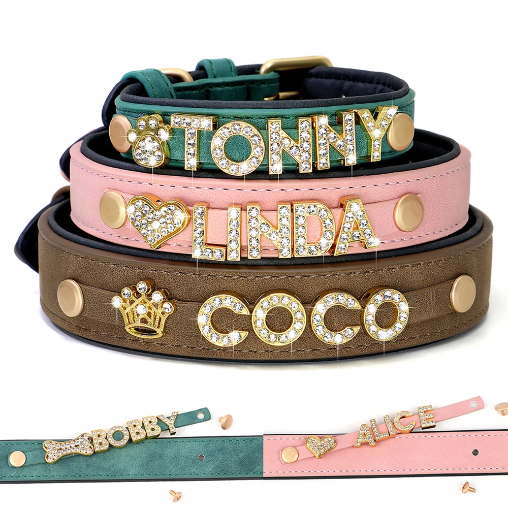 Custom Dog Name Collar Bling Rhinestone Pet Necklace Collar Personalized Leather Dogs Collar DIY Name Free Bone Paw Heart Charm