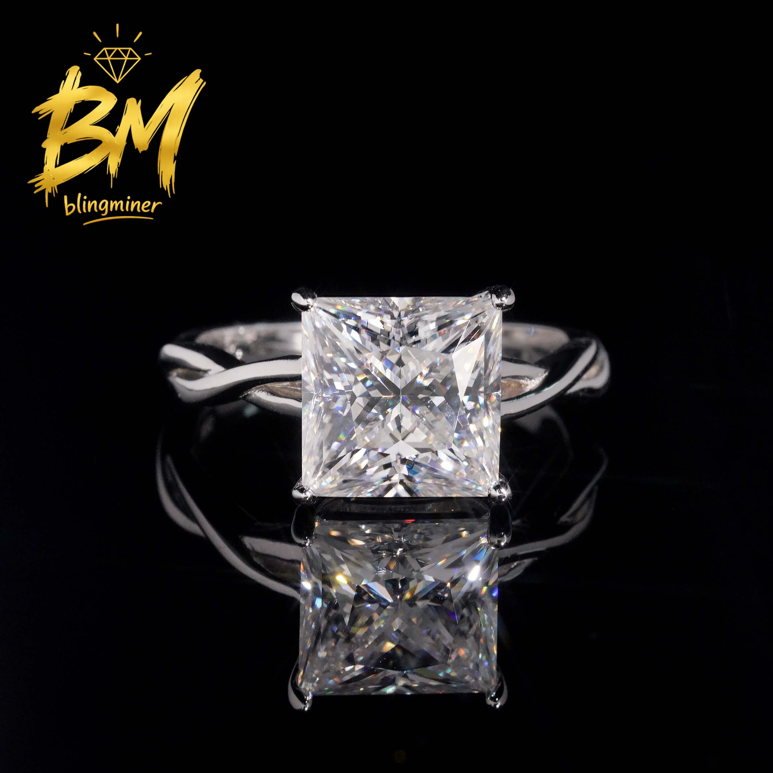 Blingminer S925 Silver Princess Cut 4ct VVS Moissanite Rings Engagement Wedding Women Finger Jewelry Pass Diamonds Free Shipping