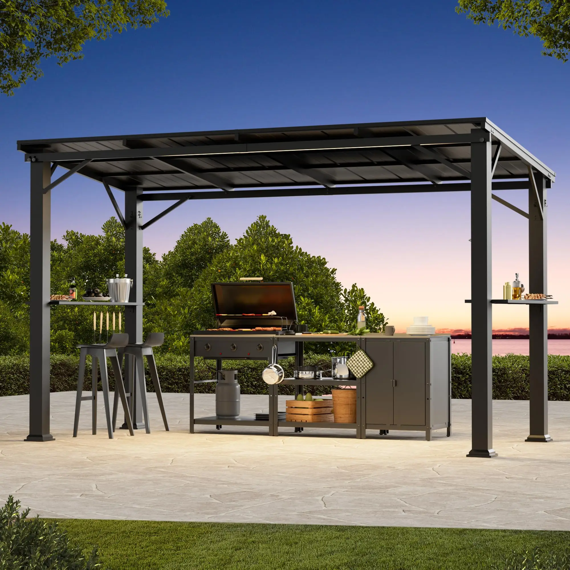 Grill Gazebo 6'x12'with Side Shelf, Outdoor Hardtop Gazebo with Bottle Opener & Hooks, Grill with Sturdy Rustproof