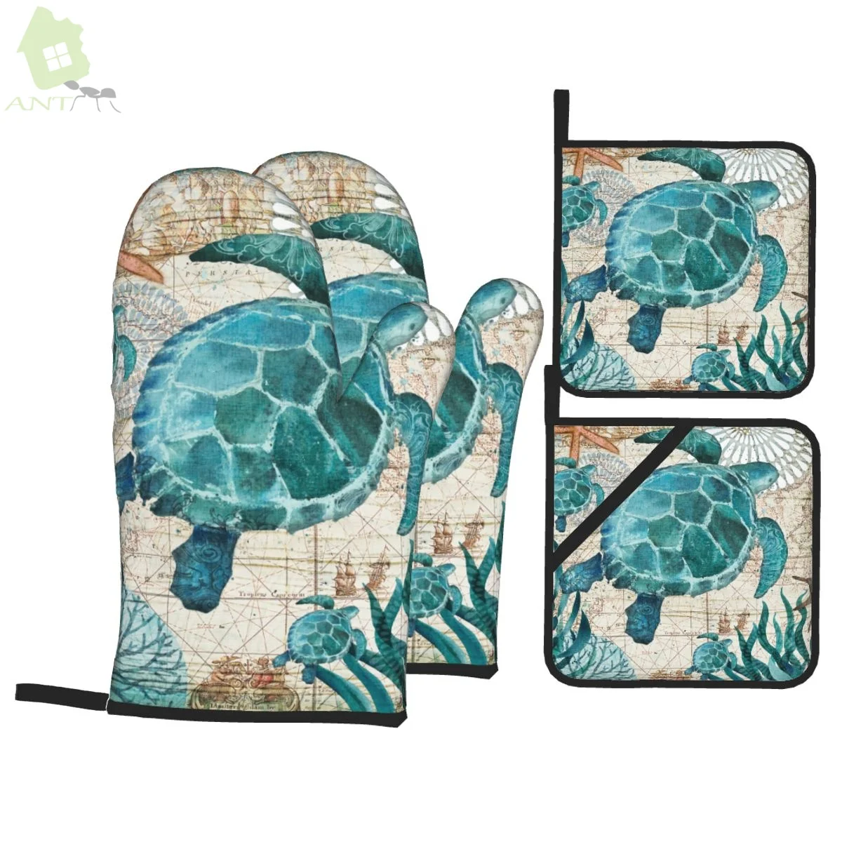 

Sea Turtle Oven Mitts and Pot Holders Sets of 4 High Heat Resistant Oven Mitts with Oven Gloves and Hot Pads