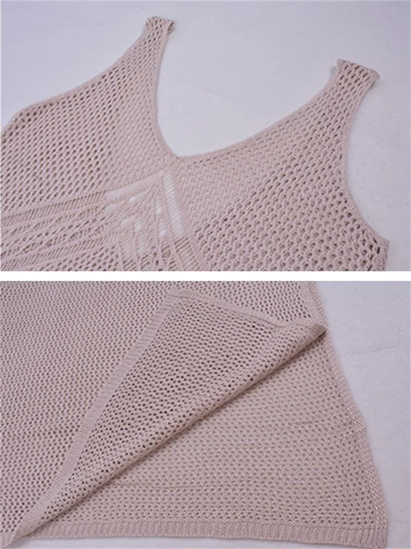 Sexy Sleeveless Deep V Neck Backless Side Slit See-through Knitting Dress Beach Swimsuit Crochet Bikini Cover-Up Summer Swimwear