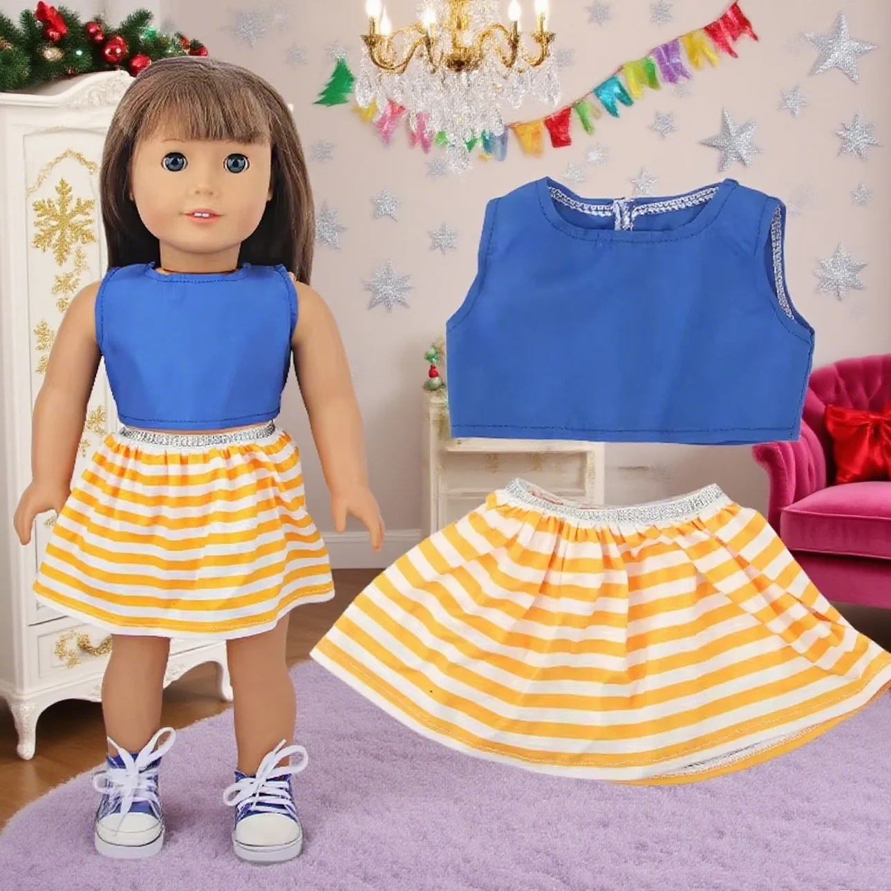 

2 PCS Blue Shirt+striped Skirt Set Suitable for 18 Inch Doll Outfit Accessories Given Birthday Gift Your Friend DIY Dress Up