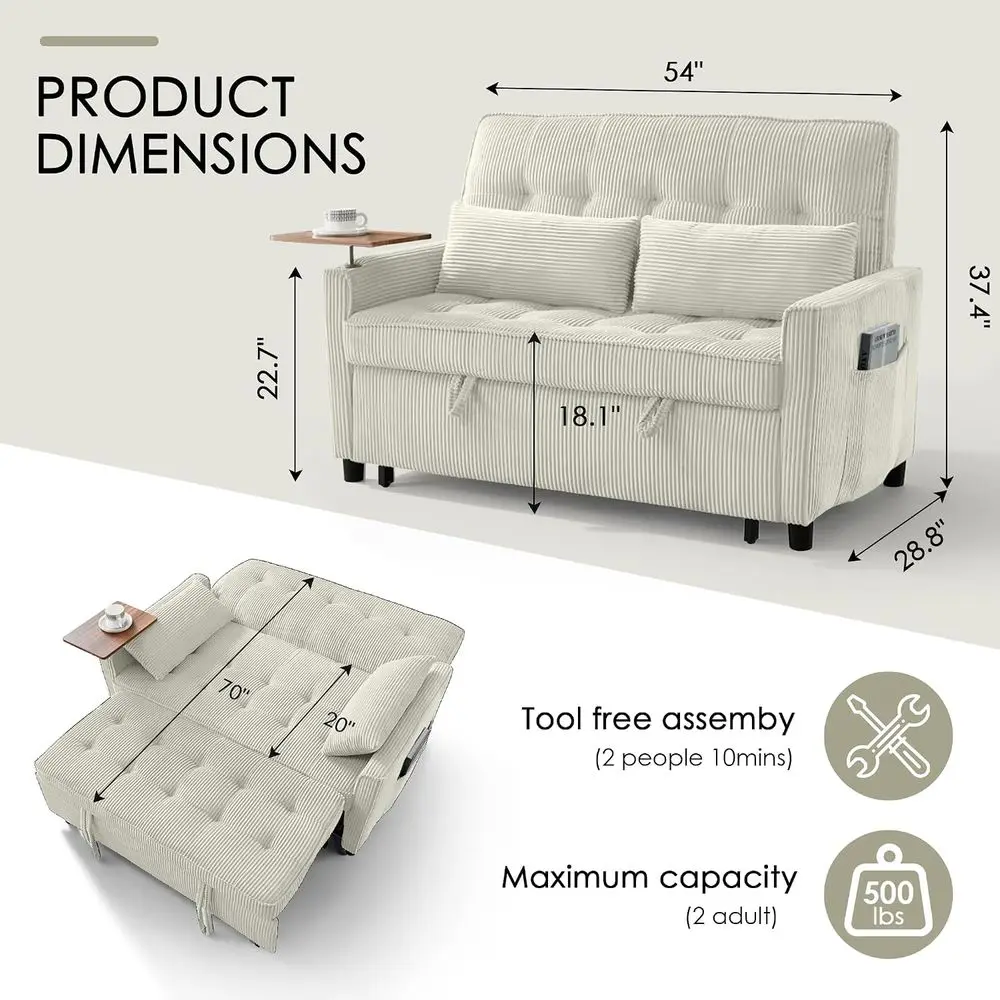 55'' Sleeper Soa Bed, Convertible Pull Out Couch with Small Table| USB Port | Stand Table | Corduroy abric | Adjustable Backrest