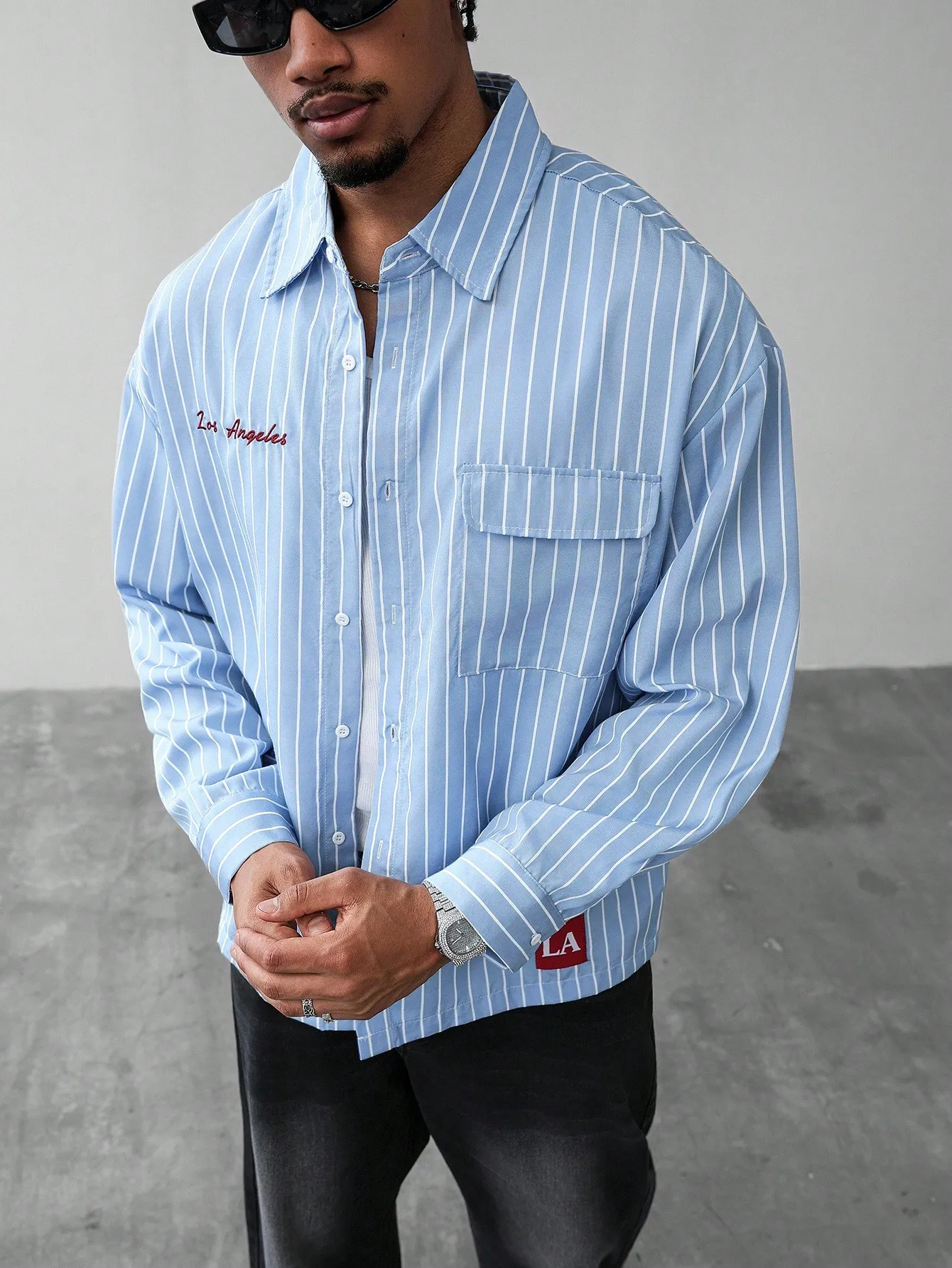 

Men's Light Blue Vertical Stripe Drop Shoulder Long Sleeve Button-Up Shirt, Casual Streetwear Style