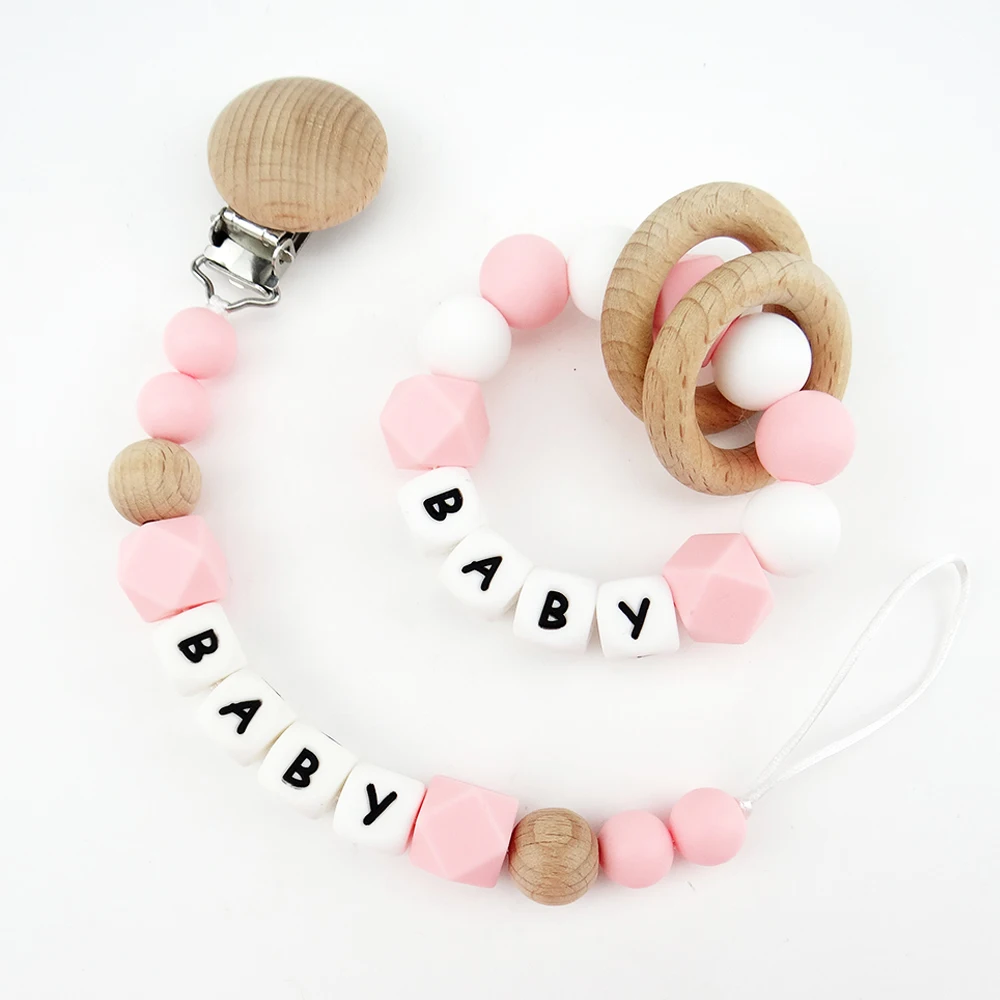 2PCS Personalized Name Pacifier Clips Silicone Letter Beads Teething Bracelet Wooden Nipple Holder Dummy Chain Baby Shower Gifts