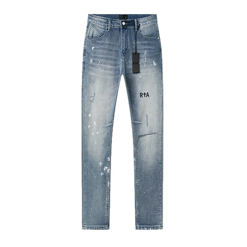26SS New Arrival RTA Blue Ripped Denim Pants Men Elastic Slim Fit Distressed Style Brand Logo Casual Jeans Pants Streetwear