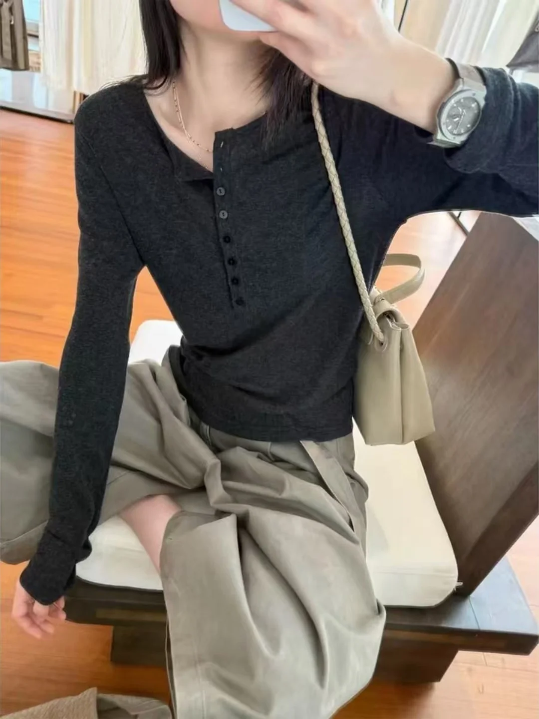 Deep Grey Long Sleeve Henry Collar T-Shirt Women Early Autumn High Knowledge Capital Suitable Single Wear Korean Style Top