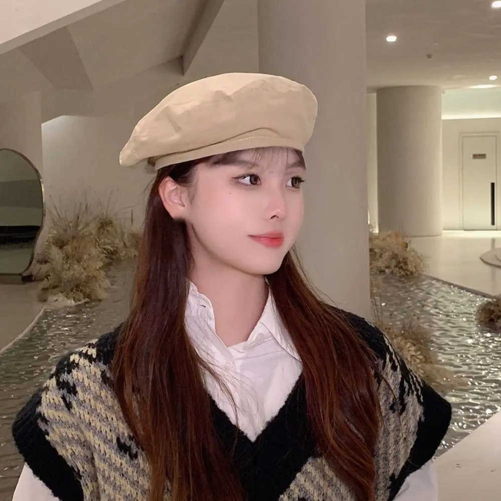 Topi Baret Retro Motif Kotak-kotak Dua Sisi Warna Solid Gaya Jepang untuk Wanita, Topi Beanie Datar, Topi Pelukis, Topi Oktagonal Wanita