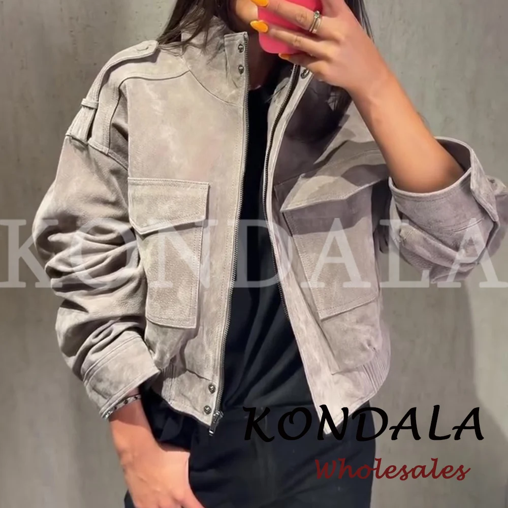 KONDALA Vintage Graue PU Streetwear Damenjacke Mode 2026 Herbst Reißverschlusstasche High Street Chic Moderne Kurze Damenjacke – Detail 4
