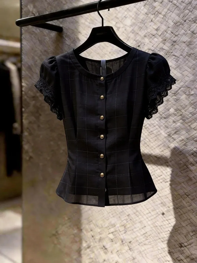 

Slimming Plaid Bubble Sleeve Shirt Women's Black French Style Loose Fit Button up Fashionable Versatile Summer Top
