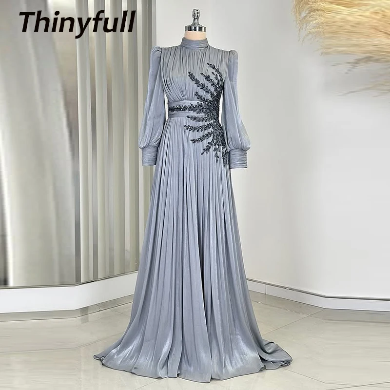 

Thinyfull A-line Arab Modern Prom Dresses High Neck Full Sleeves Evening Party Gown Elegant Dress robes de soirée Customized