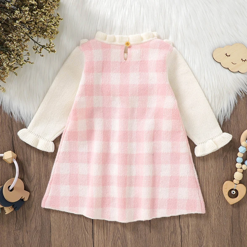 Baby Sweaters Dress Long Sleeve Autumn Infant Girl Skirt Fashion Ruffles Plaid Children Petticoats Knitted Warm Winter Overalls