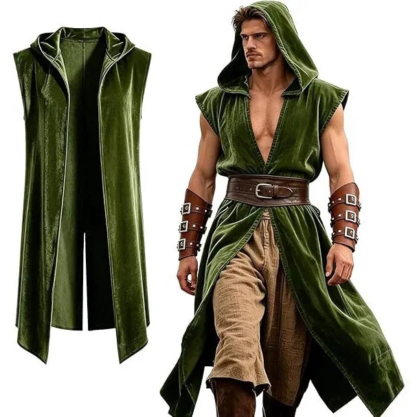 New Medieval Renaissance Costume Men Viking Hooded Sleeveless Surcoat Men Cloak Halloween Assassin Performance Disguise Wear