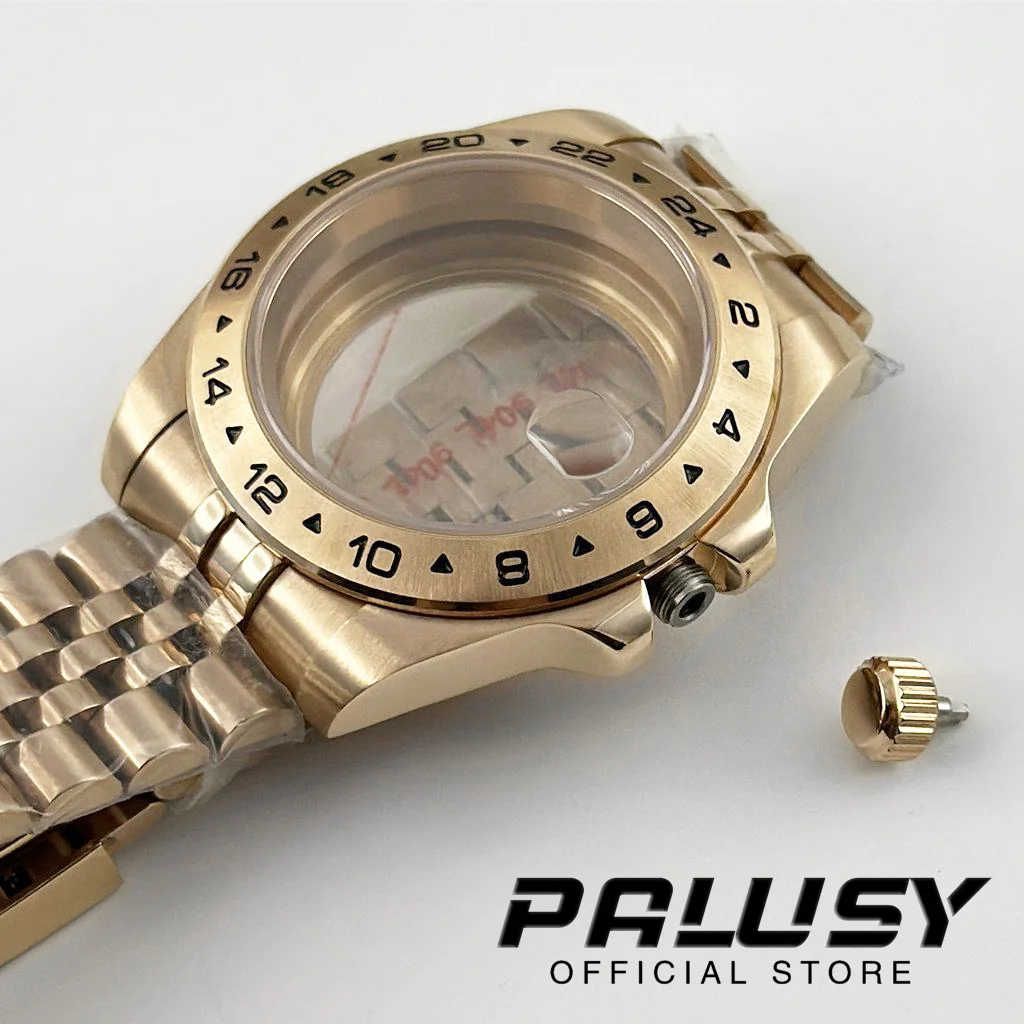 NH35 40MM Ouro Rosa EXP 24 Horas GMT Caixa de Relógio Sólido Glide Lock Fecho Vidro Safira Para NH34 NH35 NH36 NH38 ETA2824 Movimento