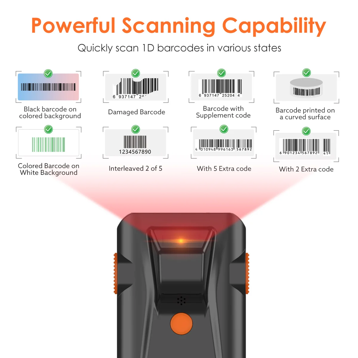 Eyoyo EY-024L 1D Laser Barcode Scanner Back Clip-on Bluetooth UPC Code39/128 Reader Compatible With Computer/Laptop/Phone/iPad