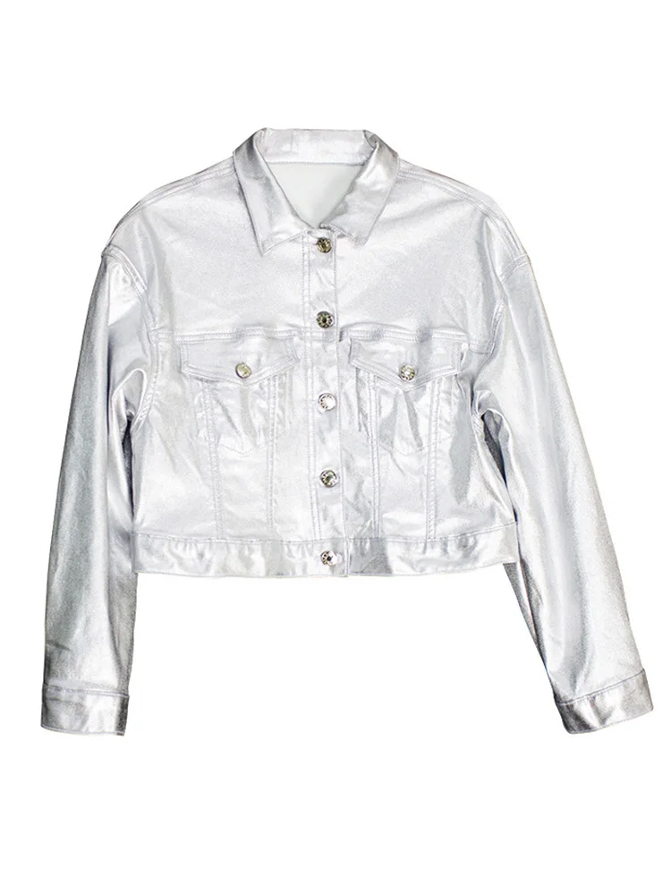 سترة فضية من الجلد الصناعي للنساء معطف لسائقي الدراجات النارية بصدر واحد قصير من جلد البولي يوريثان موضة الربيع والخريف 2025 #1