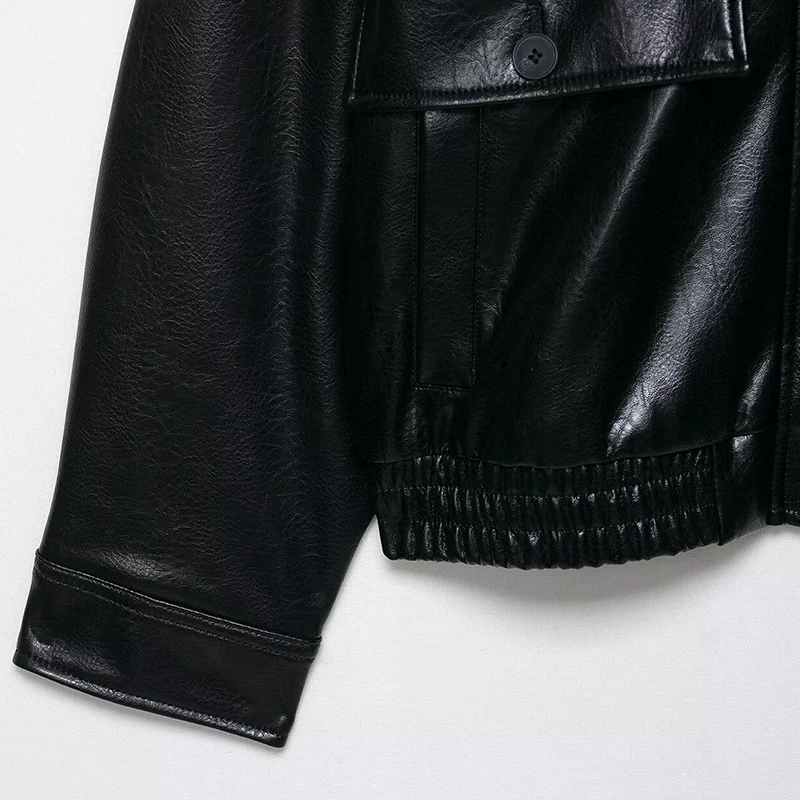 เสื้อแจ็คเก็ตหนังเทียมผู้หญิง แฟชั่นเท่ห์สไตล์มอเตอร์ไซค์ สตรีทแวร์ย้อนยุค แขนยาว เสื้อคลุมตัวนอก ซิปเรียบง่าย เสื้อคลุมฤดูหนาว