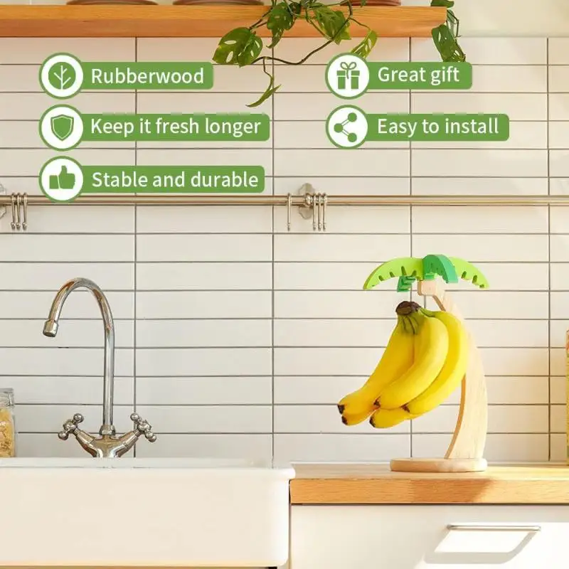 New Wooden Banana Rack Hanging Kitchen Rack Simulated Leaf Decorative Fruit Vertical Storage Rack With Hook Kitchen Decoration