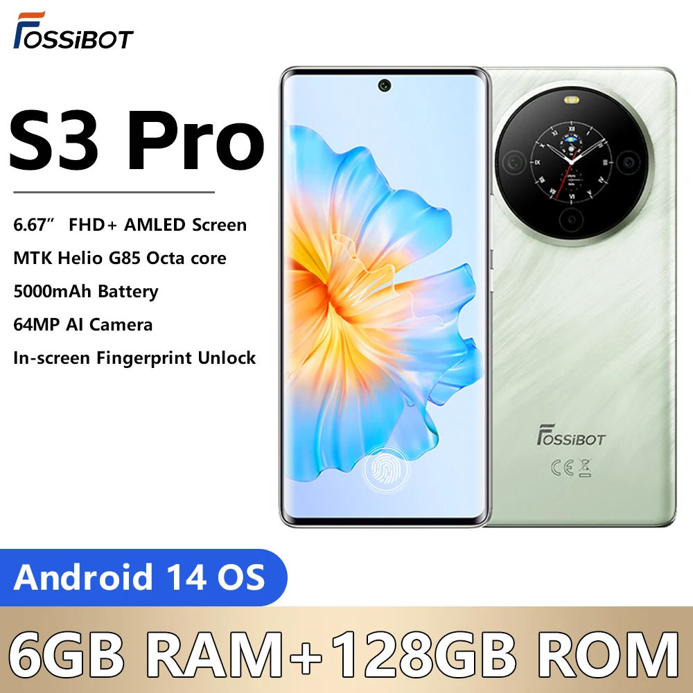 

FOSSiBOT S3 PRO Smartphone 6.67" AMOLED Display Helio G85 Android 14 6GB RAM+128GB ROM Mobile 64MP Main Camera NFC Cell Phone