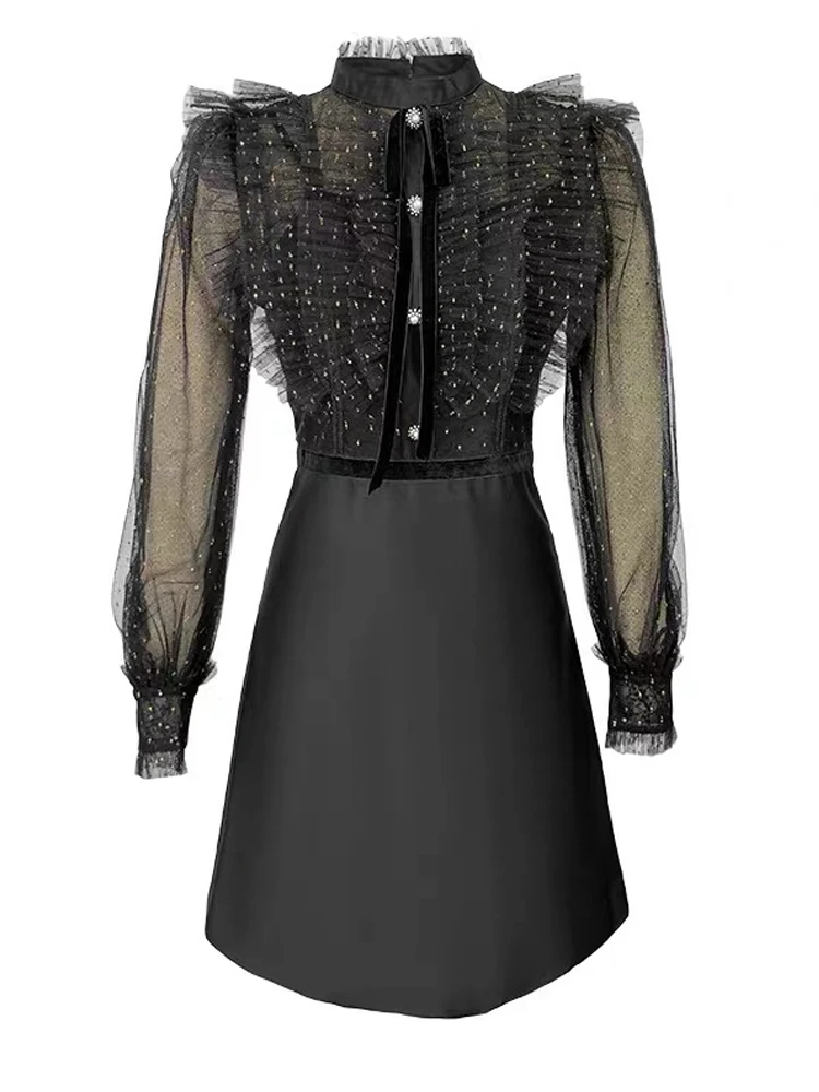 Moda feminina ol vintage suporte pescoço puff manga mini vestido de festa elegante temperamento malha perspectiva lantejoulas preto vestido feminino