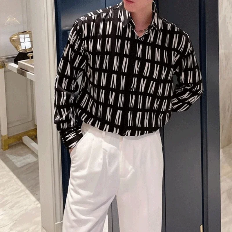 

Summer Korean Long-sleeved Shirt POLO Collar Single-breasted Men's Letter Printing Fashion Casual Youth Trend Contrast Color