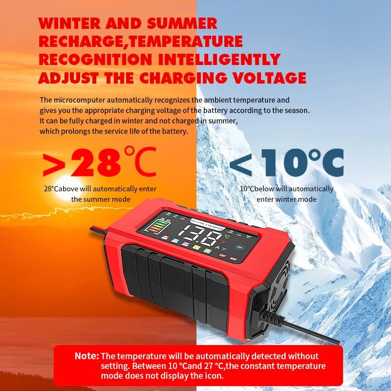 EAFC 15A/8A Large Screen Smart Car Battery Charger 12V/24V Pluse Repair Charger Motorcycle for Lead-Acid AGM Gel WET LiFePO4