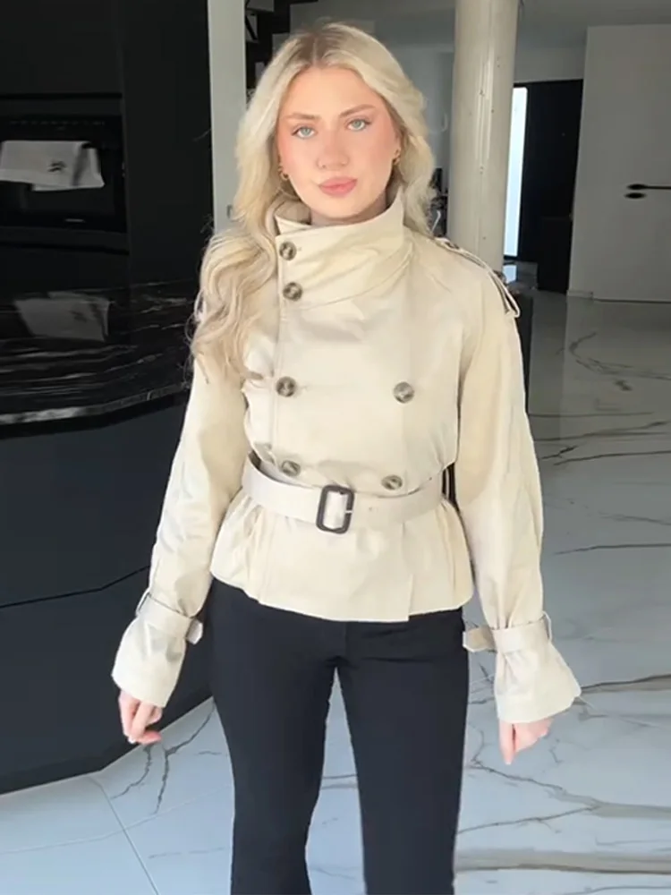 

Женская осенняя ветровка с коротким поясом, модная двубортная женская куртка с воротником-стойкой, 2025 тренч, женское пальто с длинным рукавом для поездок на работу