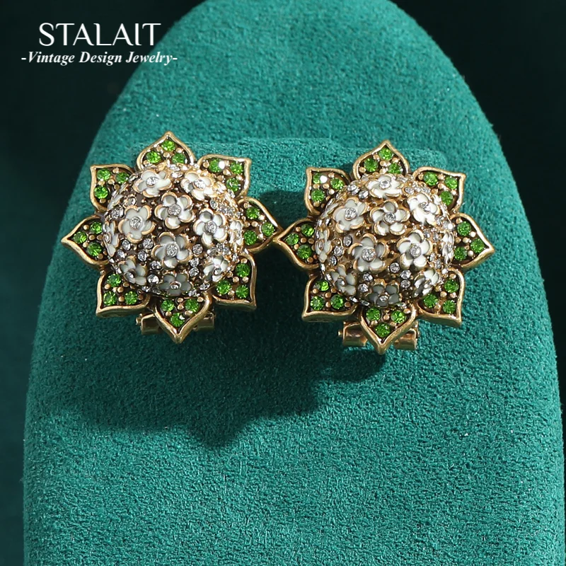 

Vintage Rhinestones Green Flower Earrings For Woman Lilac Floral Accessories Luxury Designer Antique Jewelry New Arrival 2025