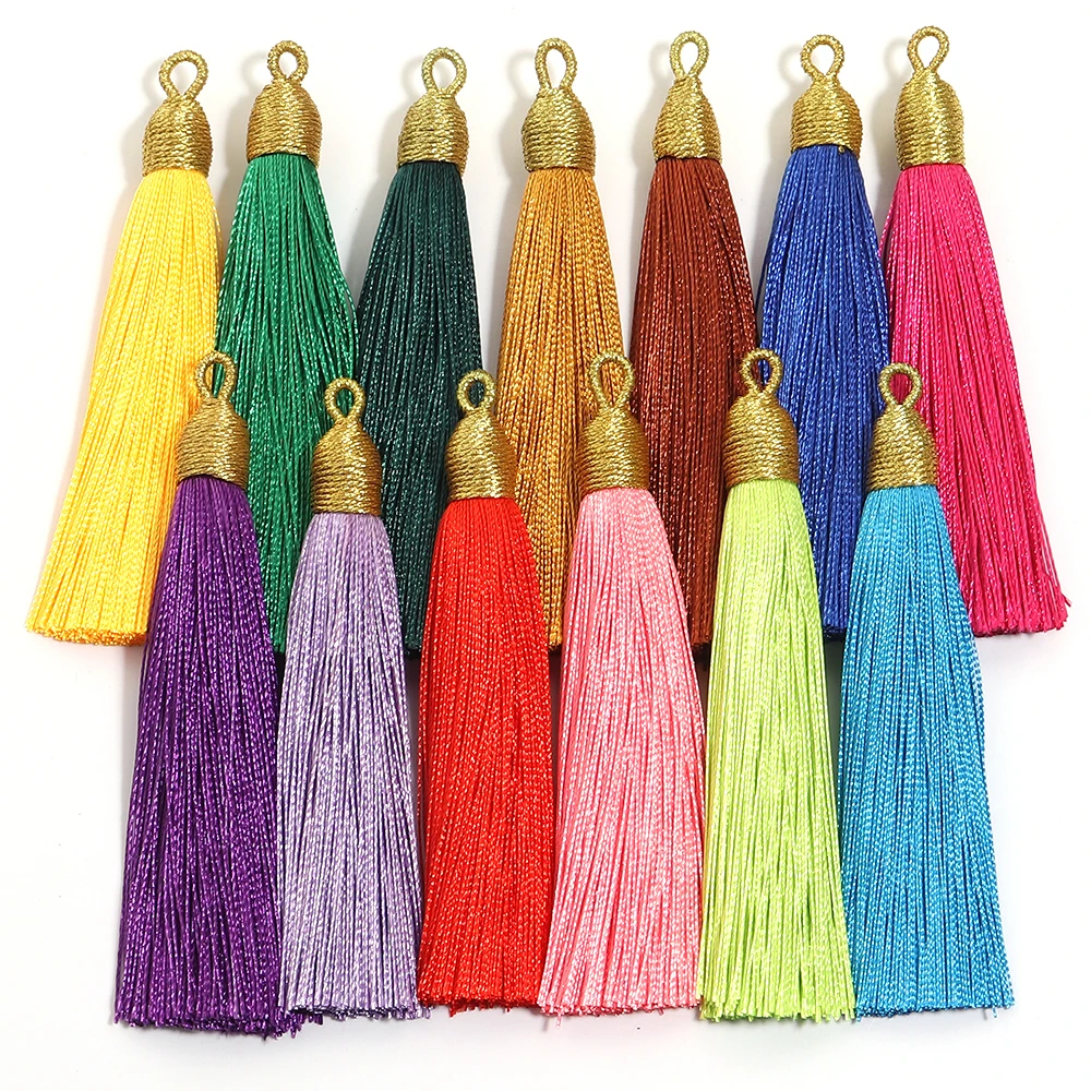 6 teile/los 85mm Gold Farbe Kopf Quaste Fransen Handgemachte Polyester Seide Quaste mit Hängenden Schleife Lesezeichen Schmuck Machen lesezeichen