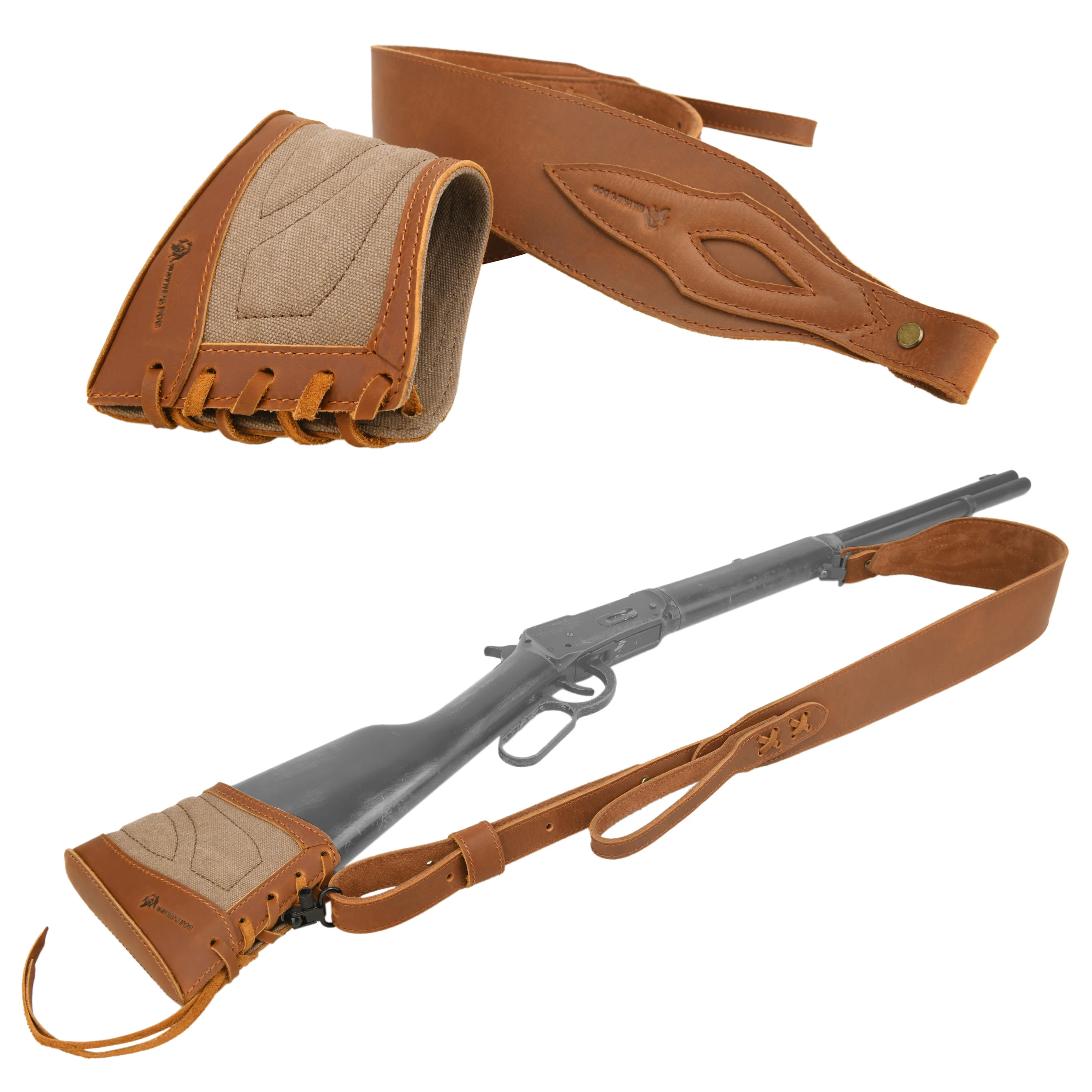 

Combo of Canvas Leather Rifle Recoil Pad Cover Buttstock with Matched Leather Gun Sling + Swivels