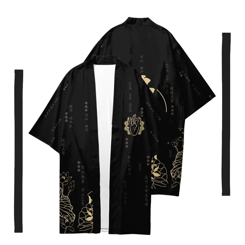 Men's Japanese Long Kimono Cardigan Men's Samurai Costume Kimono Buddhism Style Pattern Kimono Shirt Yukata Outer Cover