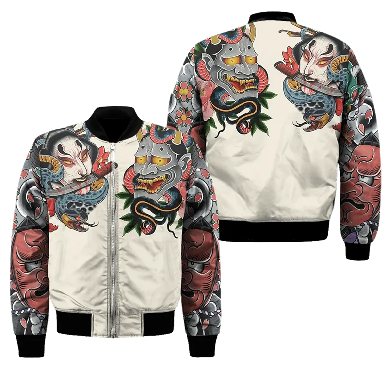 Spring Autumn Mens Bomber Jacket Samurai Oni Mask Tattoo 3D All Over Printed Zip Tracksuits Unisex Casual Zipper Jacket Clothing