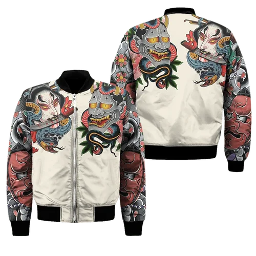 Imagen 1 del producto Chaqueta Bomber con estampado 3D para hombre, chándales con cremallera, ropa informal, máscara Samurai Oni, tatuaje, primavera y otoño
