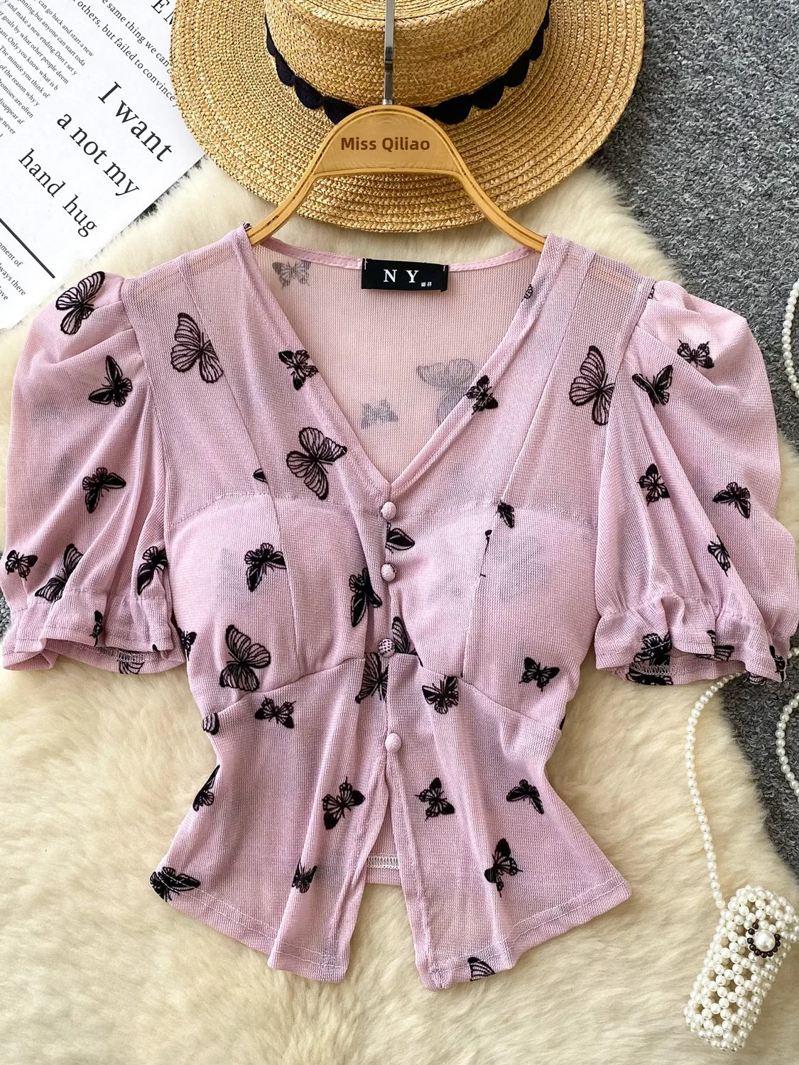 Damski top w stylu retro z nadrukiem, z wkładką w biuście, cienki, piękny, modny, koreański, casualowy.