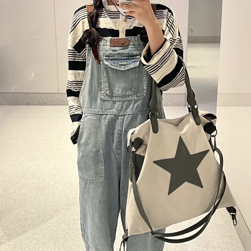 2023 New Retro Old Large Capacity Canvas Leather Star Bag Ins Niche Design Shoulder Crossbody Handbag A Bag Three Uses