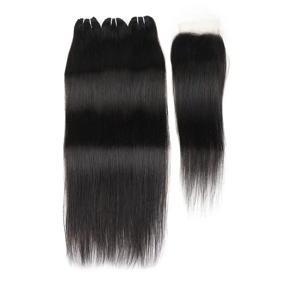 Straight Human Hair Bundles with 4X4 100% Hand Tied Lace Closure Brazilian Remy Straight Weave 3Bundles with Closure 18-22 Inch