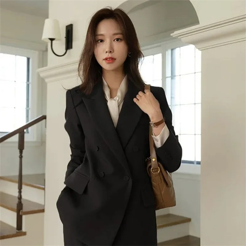 Office Ladies Women Suits Office Sets 2025 Turn Down Collar Double Breasted Long Sleeve Blazer Solid Harem Pant Suits