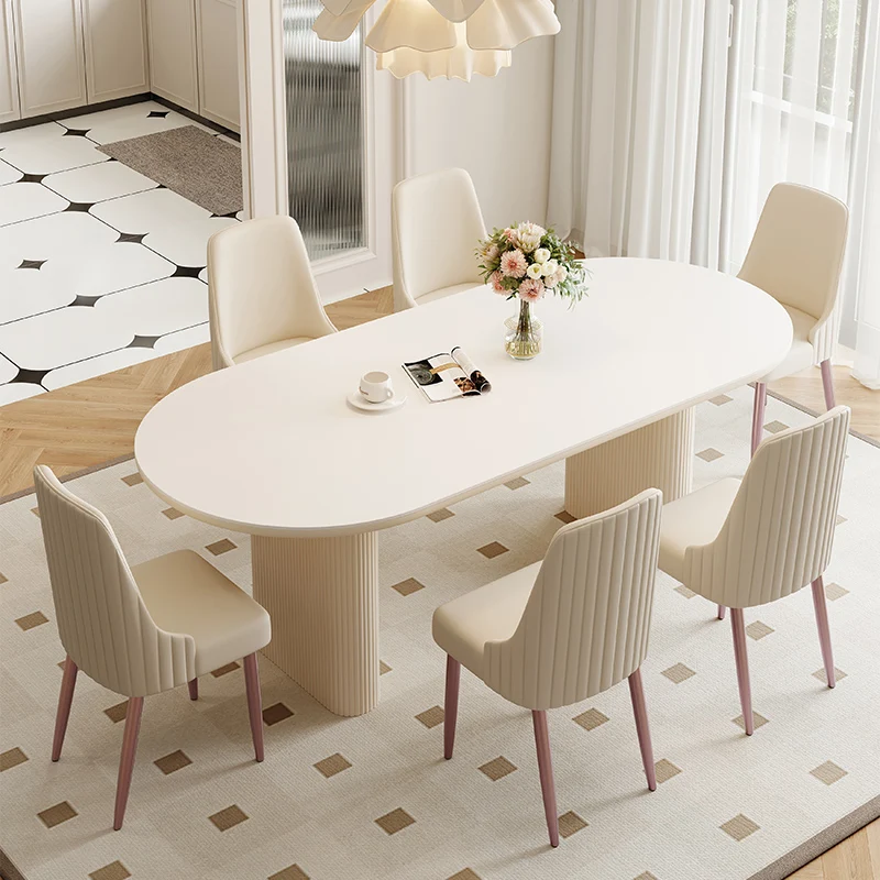 

Cream Style Rock Slab Dining Table Modern Minimalist Small Household Oval Shaped White French Retro Dining Table And Chair