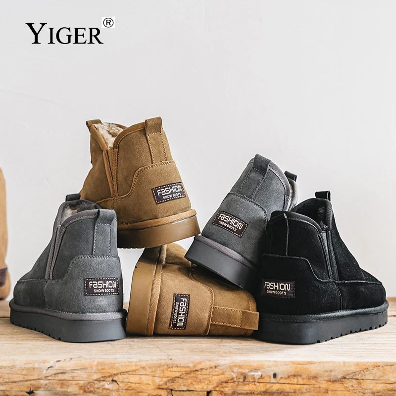 YIGER Men\'s Snow Boots Outdoor Winter Warm Fur Chelsea Boots Man Ankle Boots Basic Cotton shoes Trendy fashion high top shoes