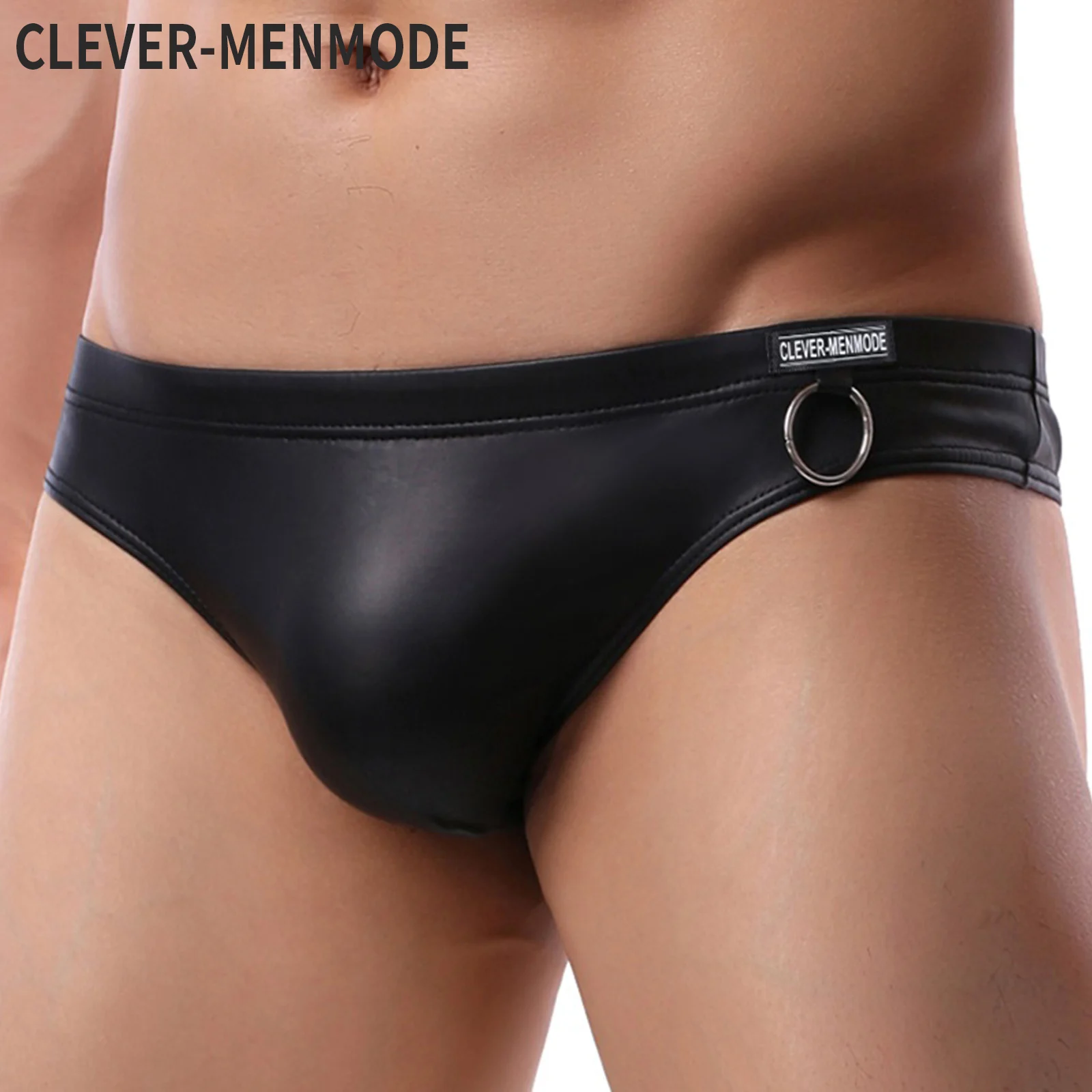 CLEVER-MENMODE Men Underwear Sexy Faux Leather Thongs T-back Male Low Rise Black Underpants hombre Lingerie Briefs Metal Ring