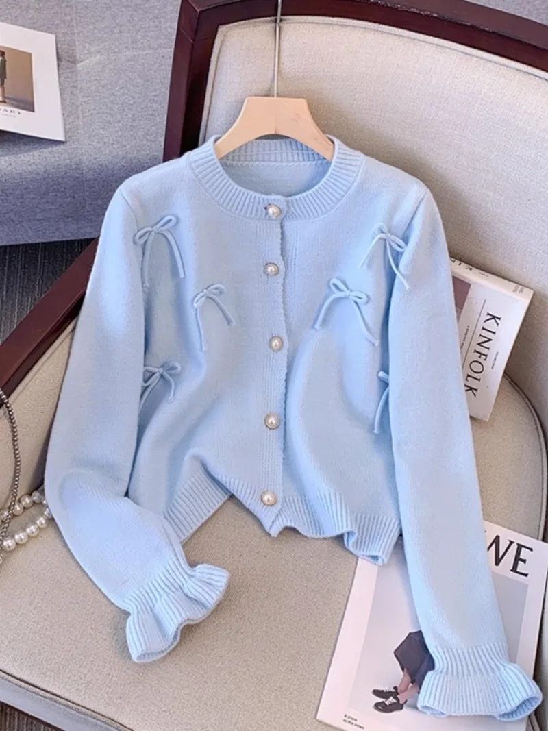 Patchwork Bow Cardigan Exquisite Button Outerwears Autumn 2025 Woman Sweater New Knitted Cardigans Long Sleeve Ropa Mujer