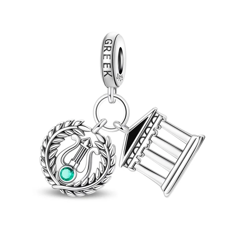

925 Sterling Silver Greek Temple Charms Pendant Zircon Dangle Fit 3mm Original Bracelet DIY Women Birthday Anniversary Jewelry