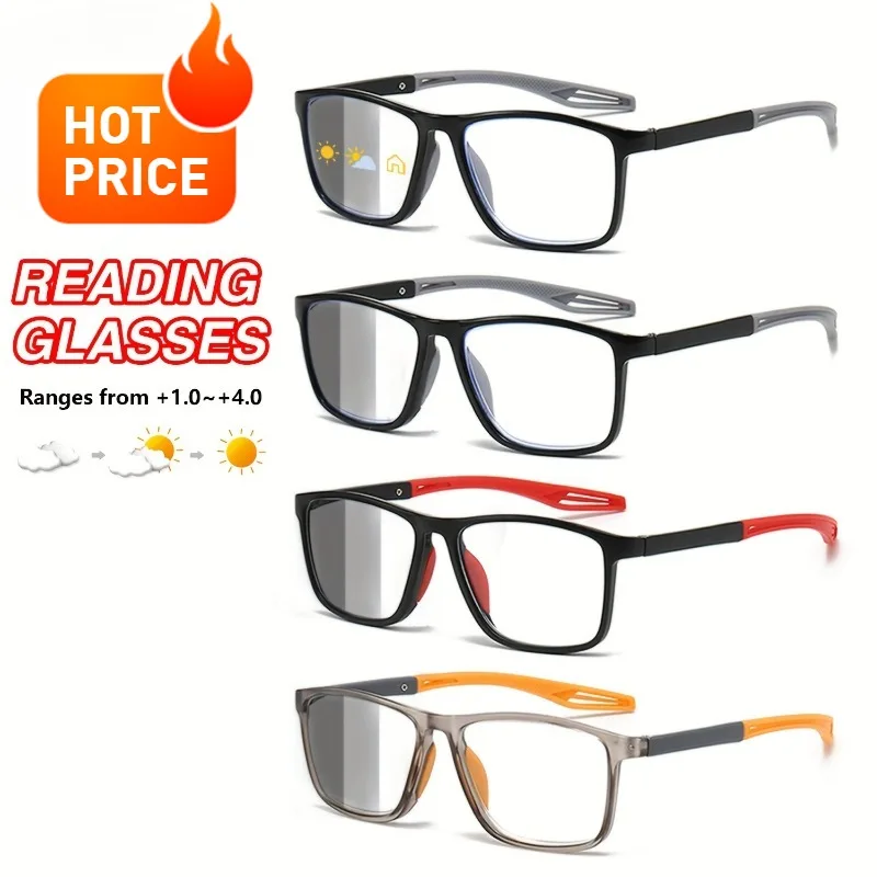

4 Pairs of Rectangular Photochromic Reading Glasses Simple and Fashionable Suitable for Men and Women