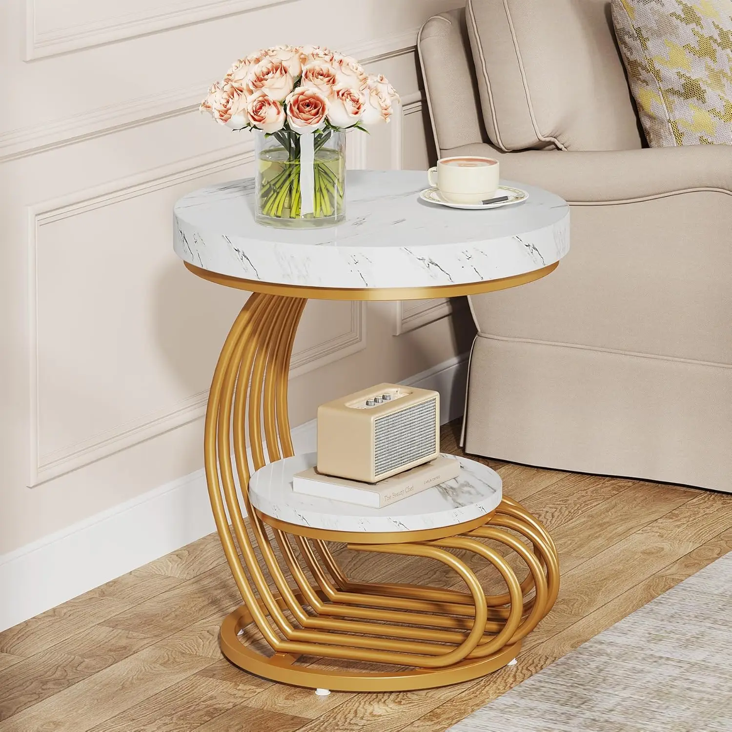 

Круглый приставной столик, 2-уровневый современный деревянный столик с полкой для хранения, прикроватная тумбочка под мрамор, на заказ