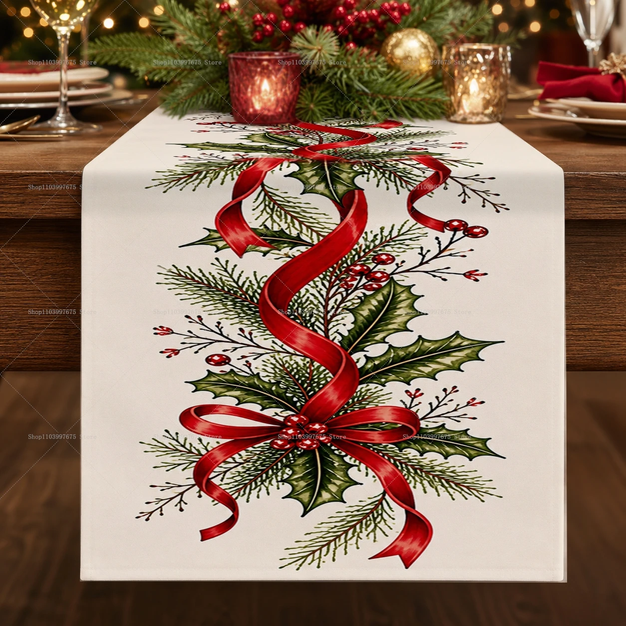 Christmas Table Runner Red Ribbon Bows Holly Leaves Pine Branches Berries Winter Xmas Party Decoration Home Kitchen Dining Decor