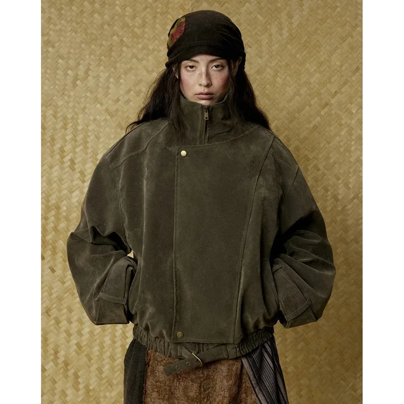 

American Retro PU Leather Cargo Jacket Men Women Streetwear Loose Stand Collar Handsome Motorcycle Jacket Vintage Coat